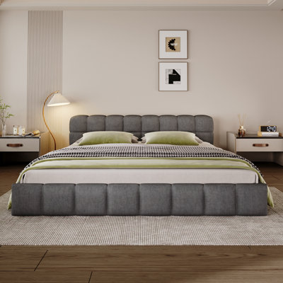 Lit tapissier très grand en chenille avec tête de lit en damier élégant, confort doux, gris