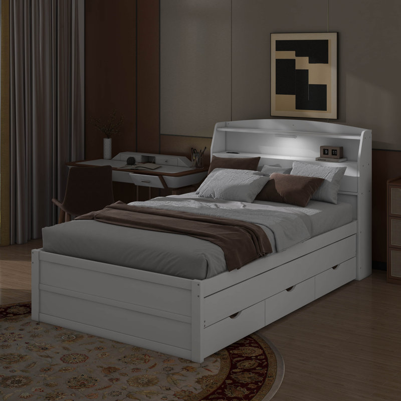 Lit plateforme en bois à DEL avec tiroirs, tête de lit et lit gigogne, Lit double, Gris