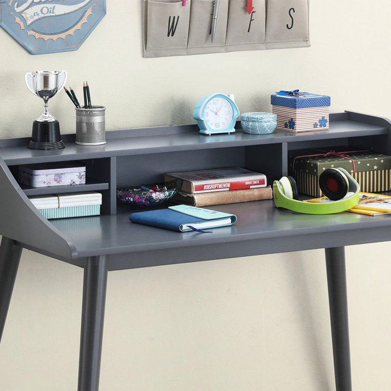 Bureau d'écriture de style Mid-Century gris avec 4 compartiments de rangement et pieds rectangulaires