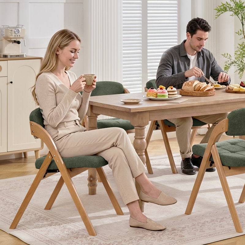 Ensemble de 4 chaises pliantes rembourrées en bois massif rembourrées pour l'intérieur et l'extérieur, Vert / Naturel, 4