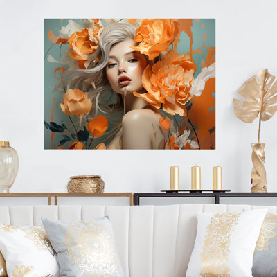 Portrait de femme orange avec fleurs Bloom III - art mural mode en métal MT133295