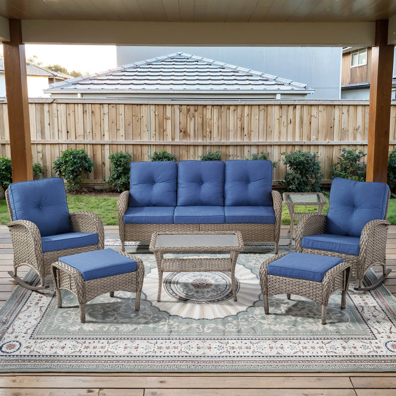 7-Pieces Outdoor Courtyard Wicker Sofa Conversation Set With Rocking Chairs, Blue, Gray