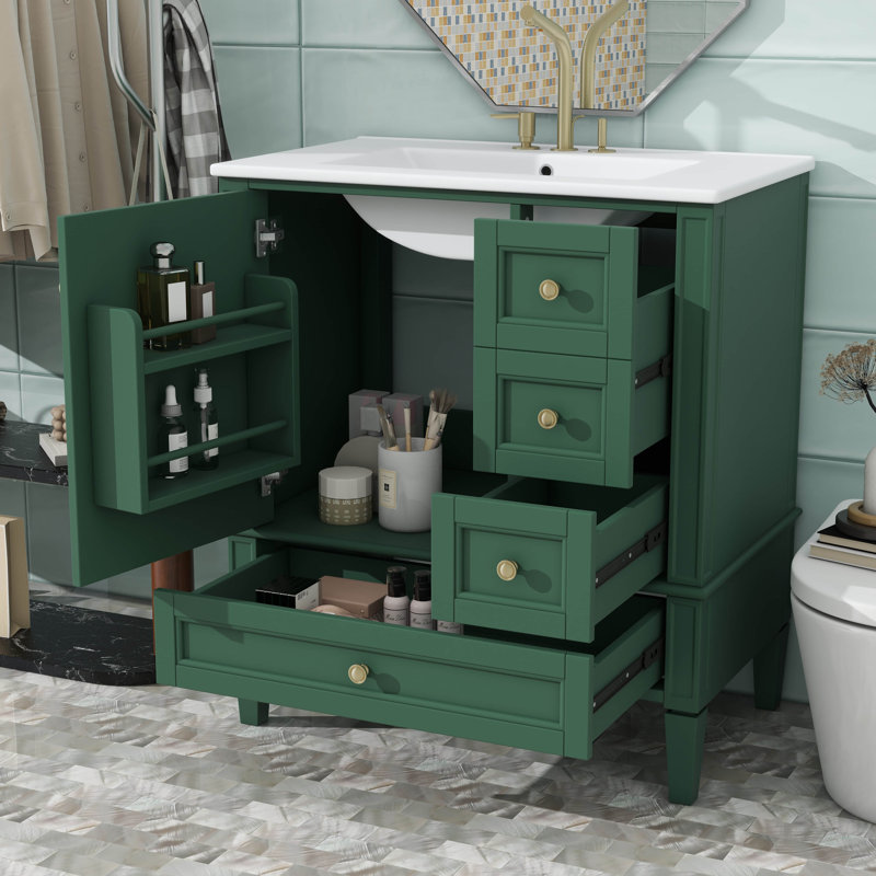 Meuble-lavabo 30 po avec lavabo en céramique, unité avec 3 tiroirs, Vert