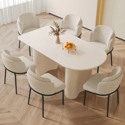 62.99" Modern Rectangle Cream White Dining Table Set with 6 Chairs for Kitchen, Bar, Living Room