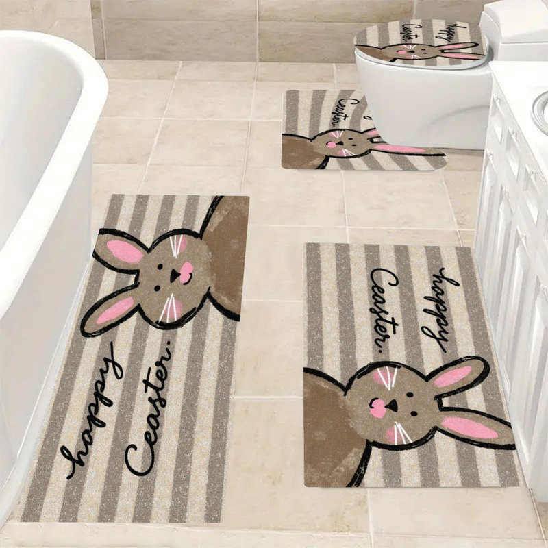 Ensemble de 4 tapis de bain à motif de lapin rayé Joyeuses Pâques