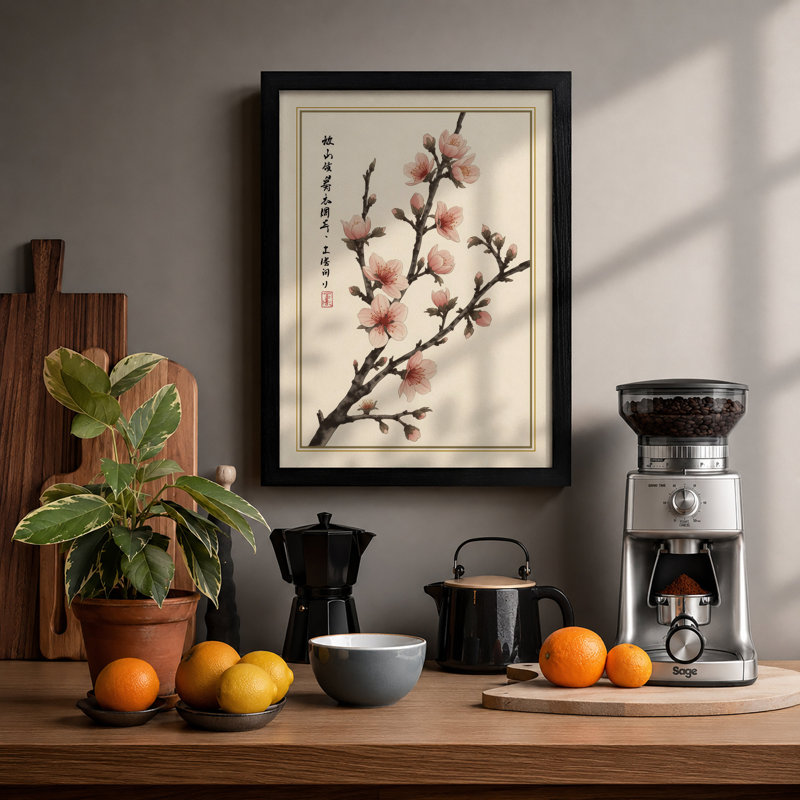 Moonlit Cherry Blossom Japandi - Framed Print, A3 - 42.0 x 29.7 cm, Black