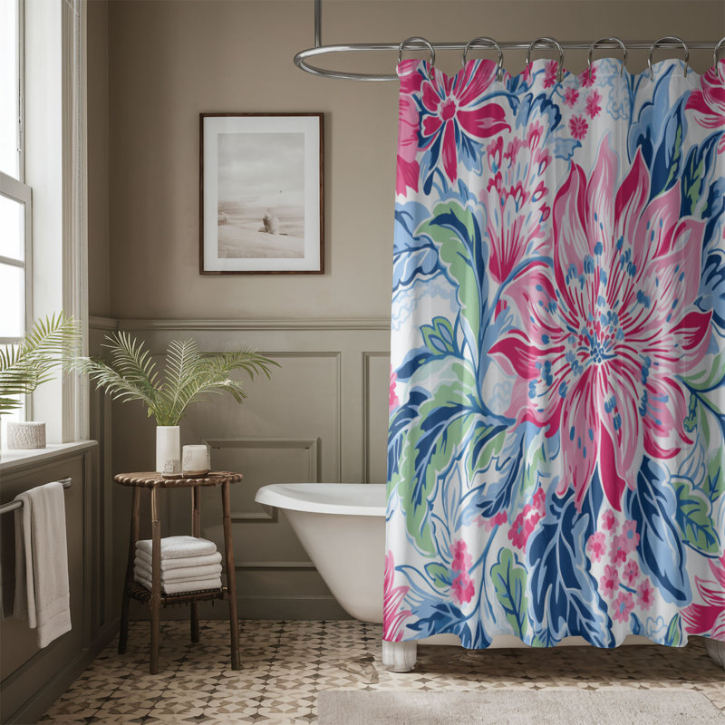 Rideau de douche standard 1 pièce Preppy Pastel Florals, H 74 po x l 71 po, Green Pink