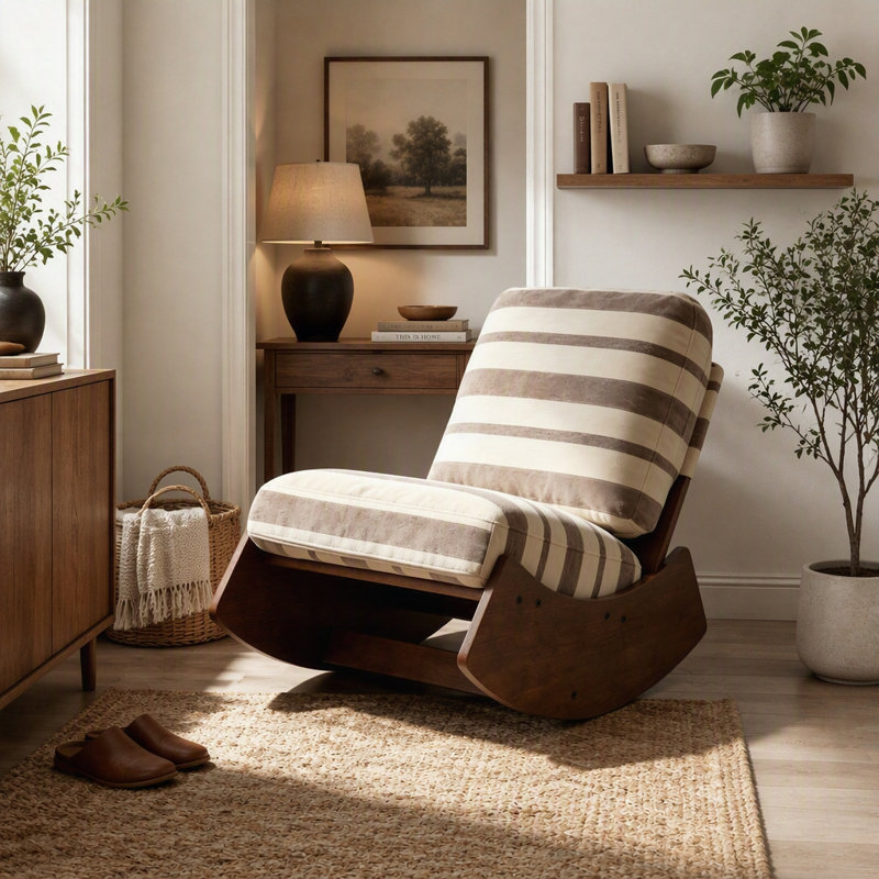 Chaise berçante confortable avec coussin moelleux et structure en bois massif, Grey Fabric