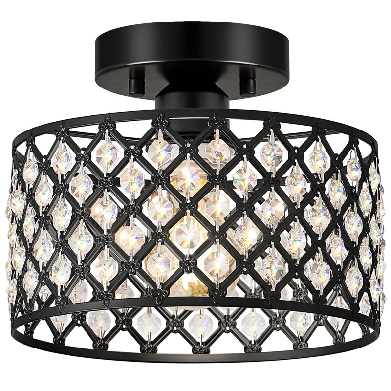 Black Crystal Ceiling Light Fixture,Modern Semi Flush Mount Ceiling Lighting Fixture,Round Small Chandelier, 1 Light, 9 Inch