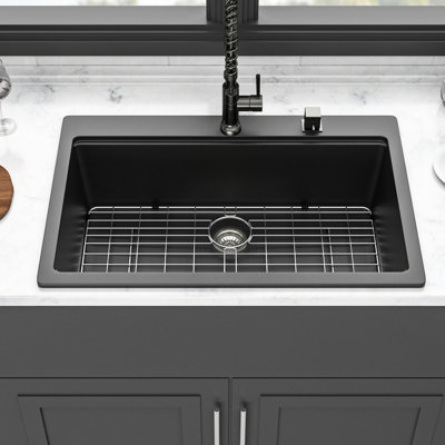 33X22" Black Granite Quartz Workstation Drop - In Kitchen Sink, With Smooth Non Porous Surface, Easy To Wipe Clean, Comes And Strainers High End Quartz, Thick , Hard Surface Protects Hands,
