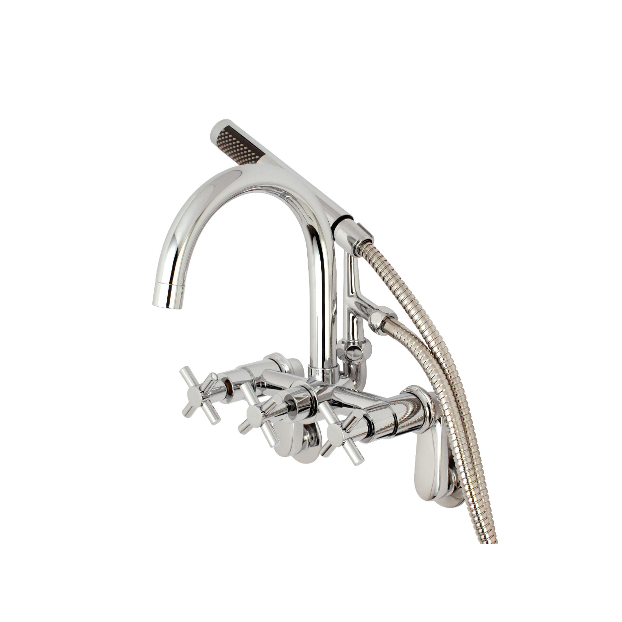 Kingston Brass Concord Three-Handle 2-Hole Tub Wall Mount Clawfoot Tub Faucet with Hand Shower, Polished Chrome