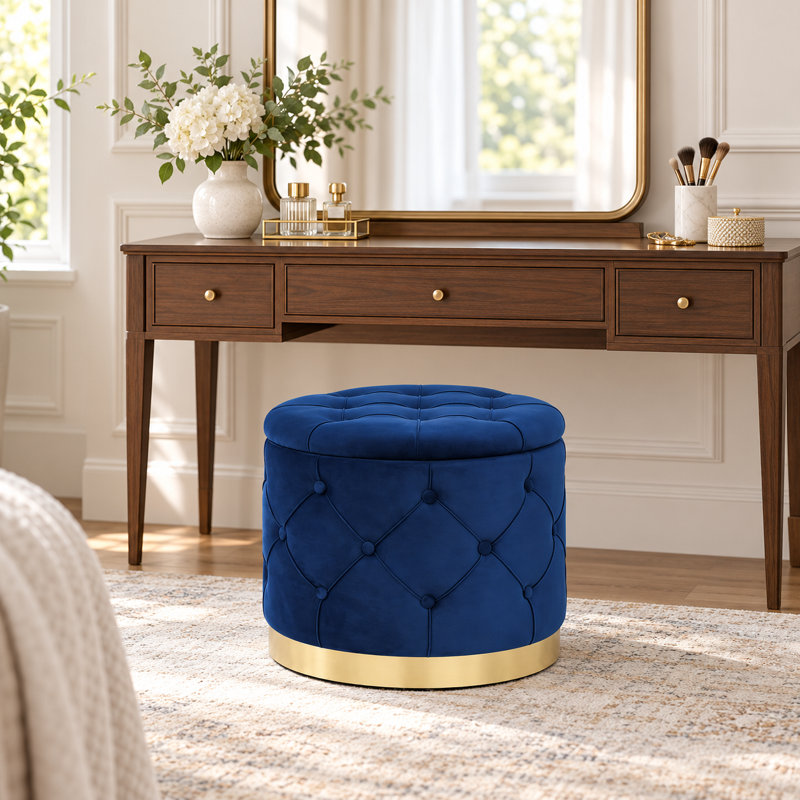 18.9" Wide Tufted Round Storage Ottoman For Living Room, Navy Blue Velvet