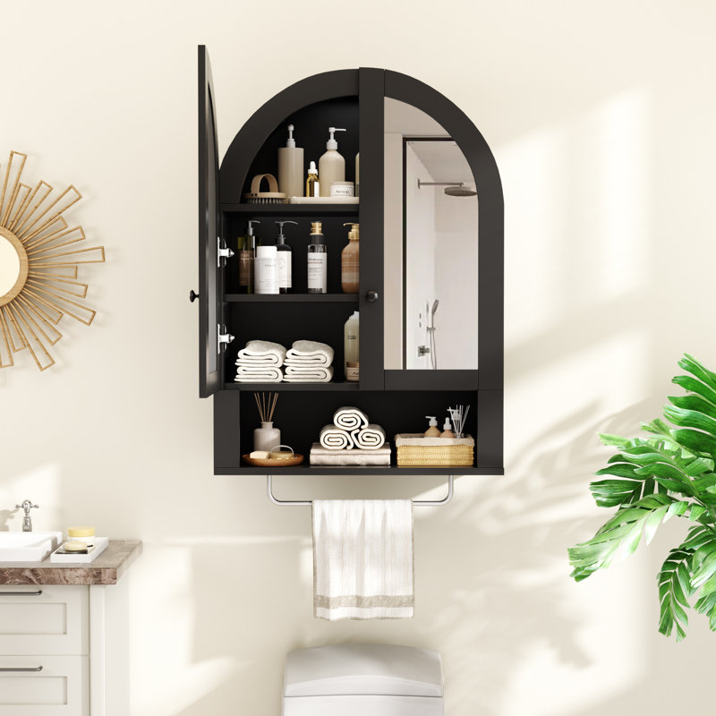 Armoire murale moderne arquée avec tablettes réglables et éclairage à DEL, conçue pour le rangement de la salle de bain avec miroir