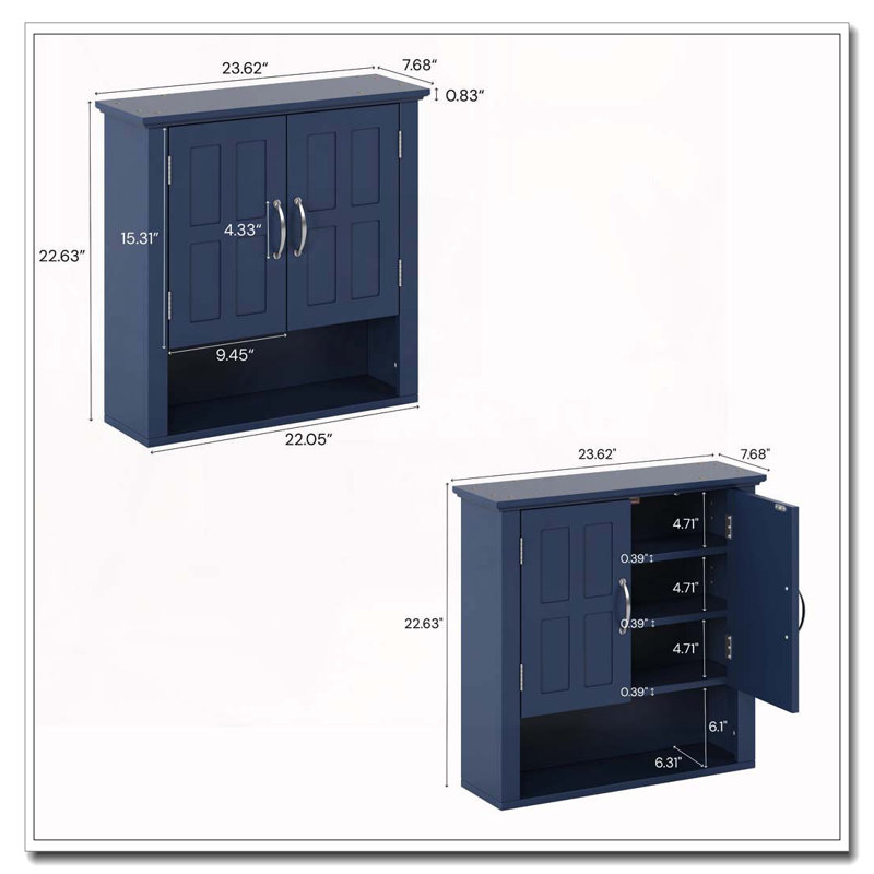 Armoire de rangement pour salle de bain, Rangement mural bleu - deux portes