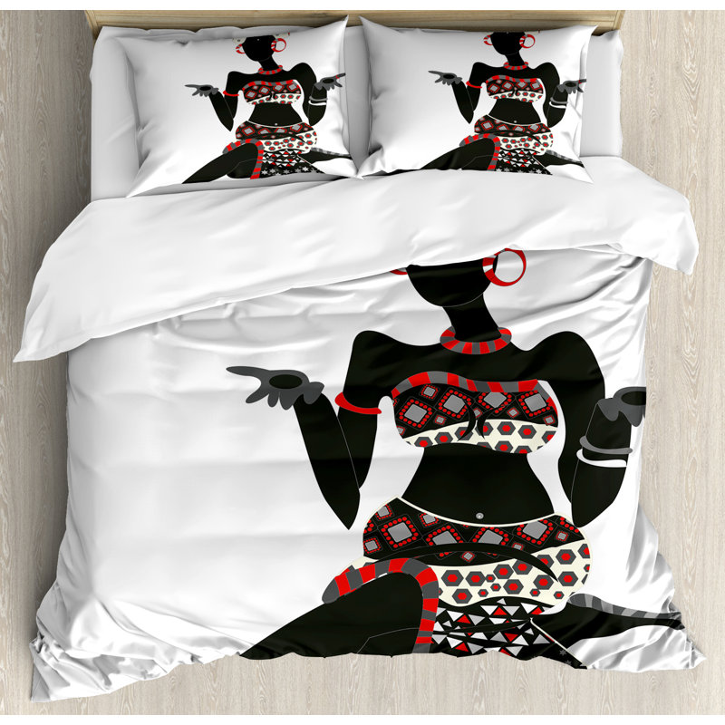 Queen Charcoal Grey Vermilion African Duvet Cover Set with Pillow Shams