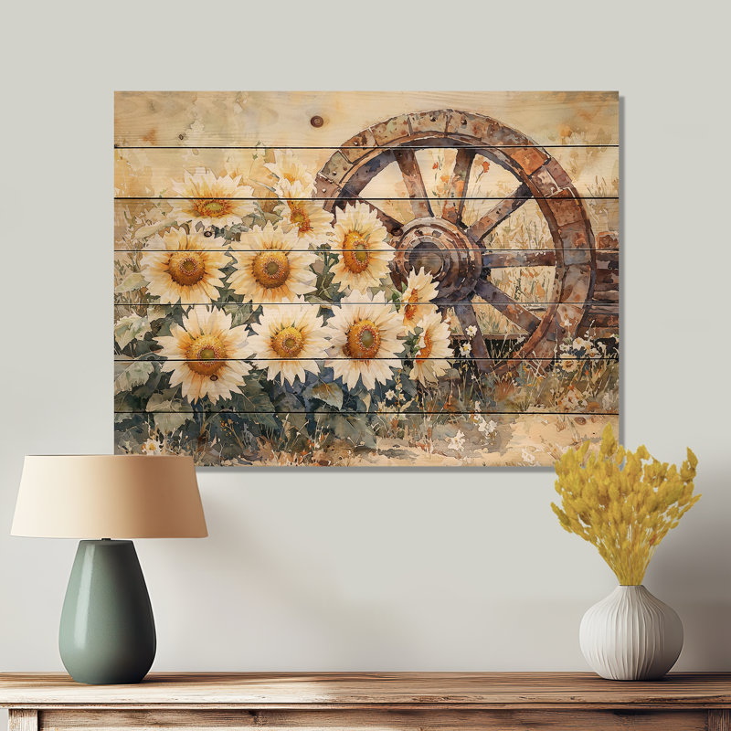 Tournesols par la roue du chariot - Décoration murale en bois de tournesols - sur bois de pin naturel