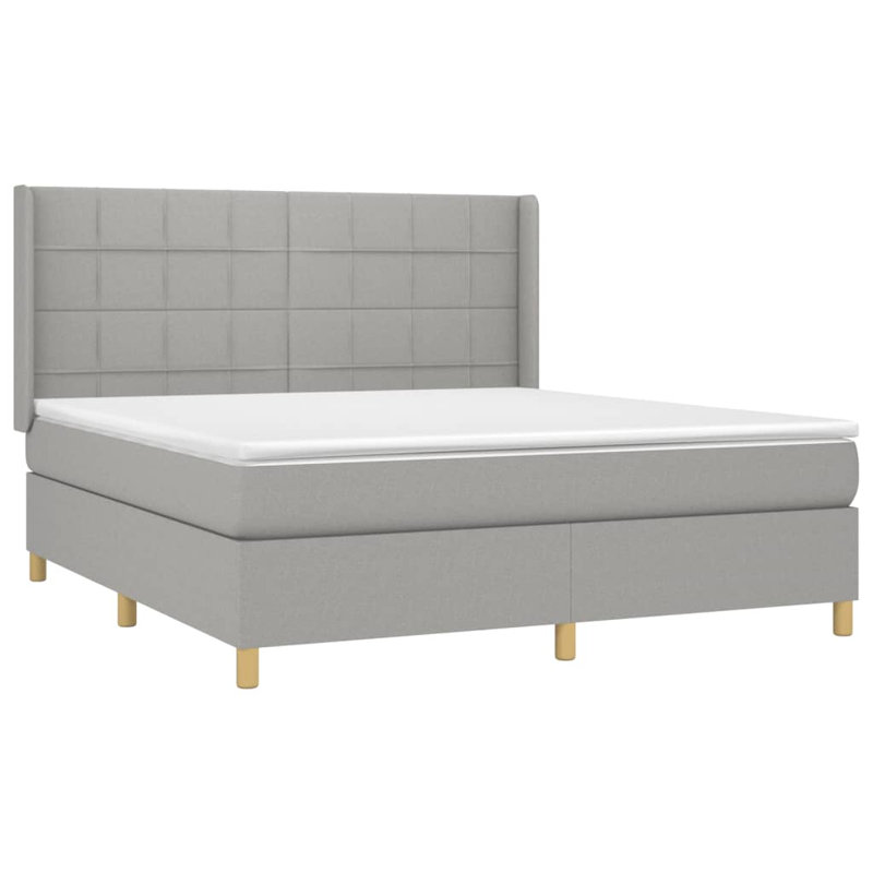 Box Spring Bed with Mattress, Fabric, King, Light Gray/Oak