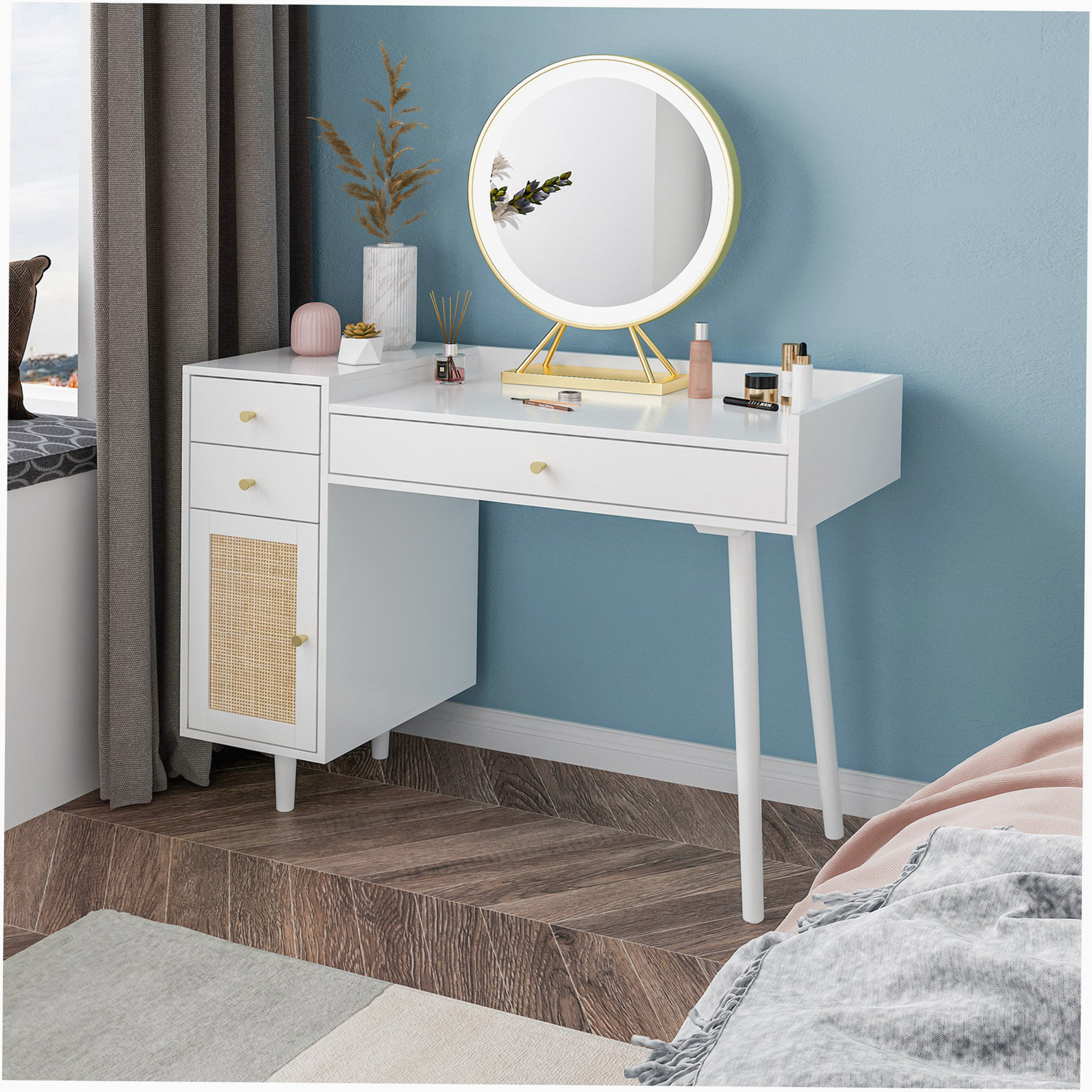  43.3 Vanity Desk with Mirror and Lights, Vanity Table with  Flip Top Mirror, Dressing Table with 2 Drawers and Storage Organization,  Vanity Makeup Desk Set for Bedroom : Home & Kitchen