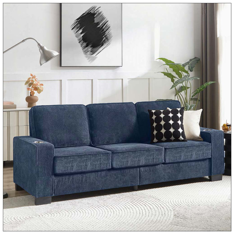 Canapé en velours côtelé 83,86 po, canapé moderne compressé, Bleu