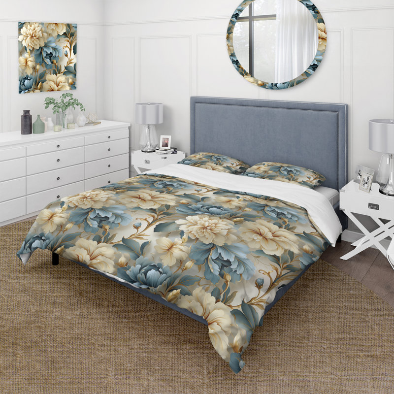 Ensemble de housse de couette damassé blanche et bleue, Housse de couette pour très grand lit et 2 très