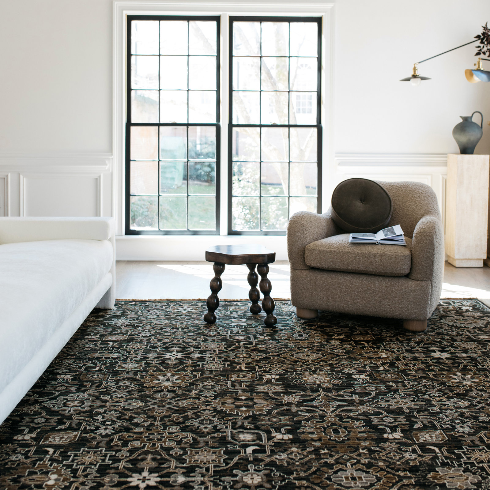 Abena Charcoal Tan Borderless Oriental Wool Rug, Rectangle 9'10" x 12'10"