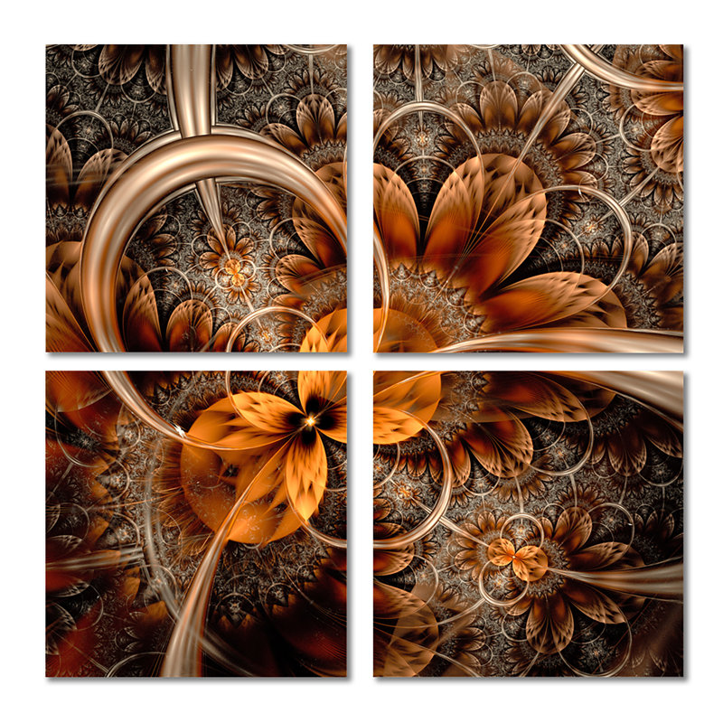 «Dark Orange Fractal Flower», ensemble de 4 reproductions d'art sur toile abstraites