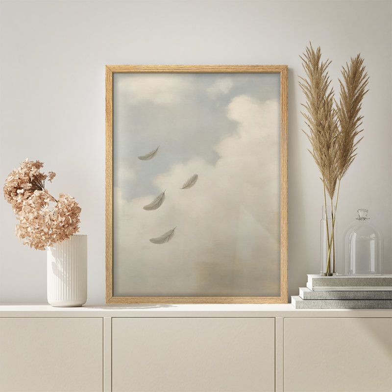 Reproduction d'art encadrée - Plumes légères flottant dans le ciel, art neutre doux pour les chambres à coucher ou les espaces de méditation