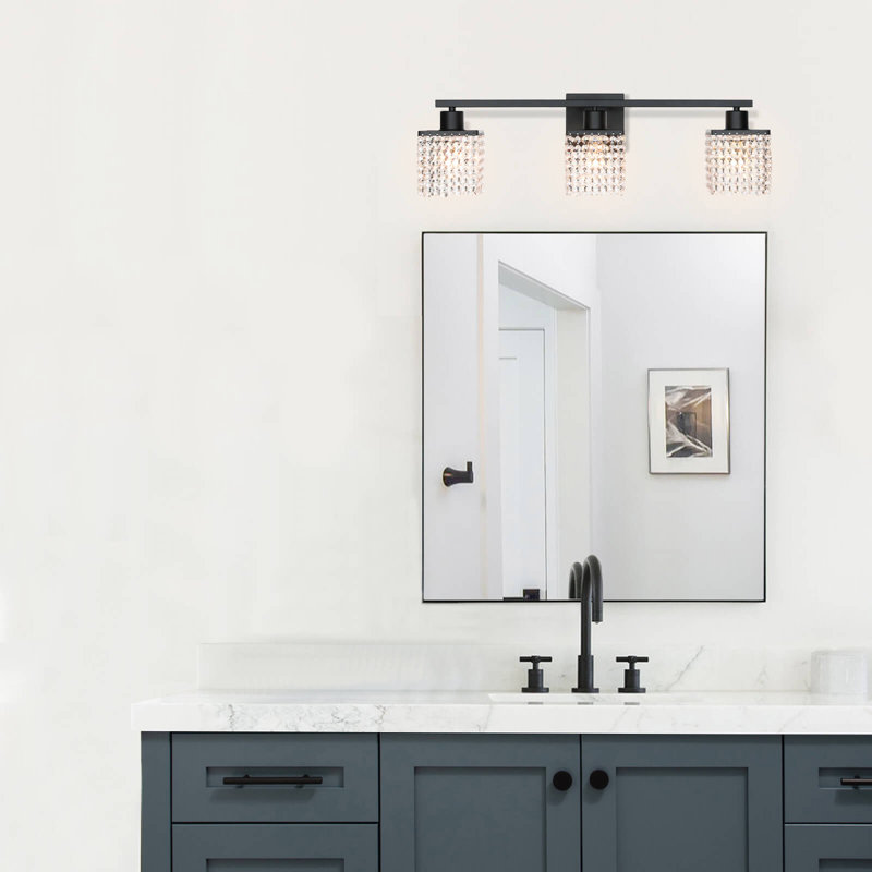3 Light Bathroom Vanity Wall Light with K9 Clear Crystal String Shade over Mirror