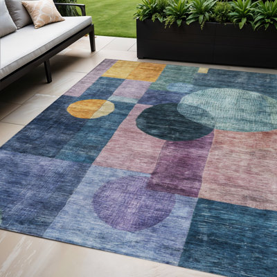 Tapis extérieur lavable géométrique bleu vert et cuivre 5 pi x 8 pi