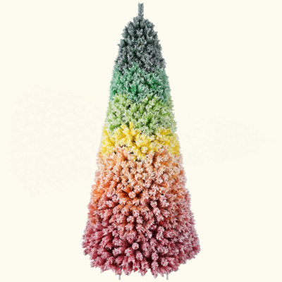 Rainbow Gradient Flocked PVC Christmas Tree With 1326 Tips, Colorful Full-Bodied Artificial Pine With Snowy Finish, Hinged Design And Sturdy Metal Stand For Holiday Decoration