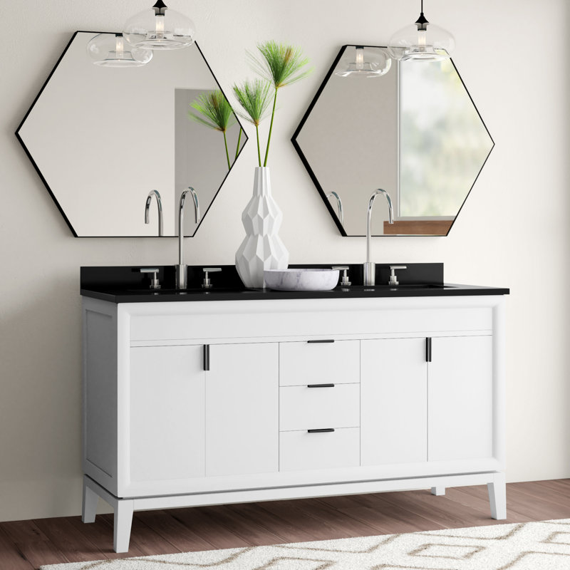 Ensemble de meuble-lavabo double 61 po Emma, Marbre blanc de Carrare, Blanc