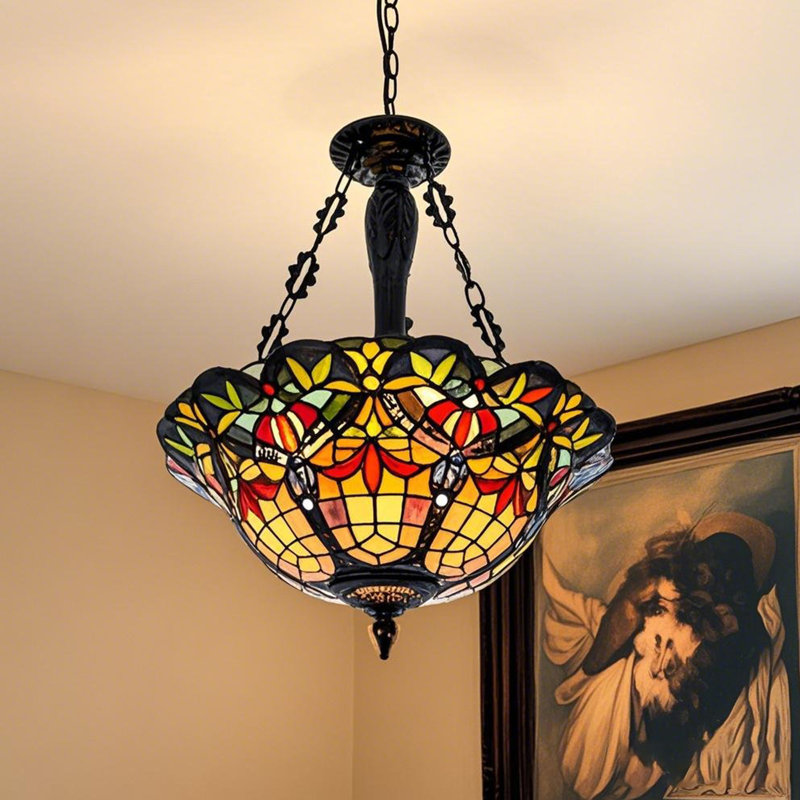 Luminaire suspendu 3 lumières en verre coloré Tiffany