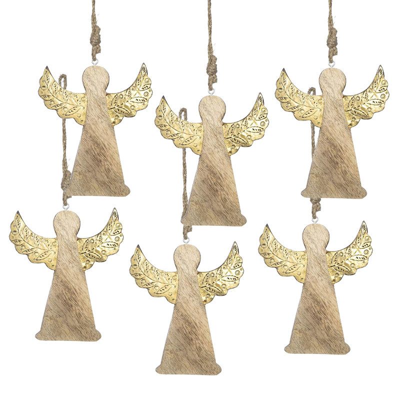 Set of 6 Wooden Angels with Gold Wings Hanging Ornaments