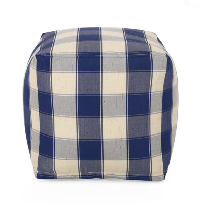Connor Checkered Square Pouf, Ivory And Navy Blue