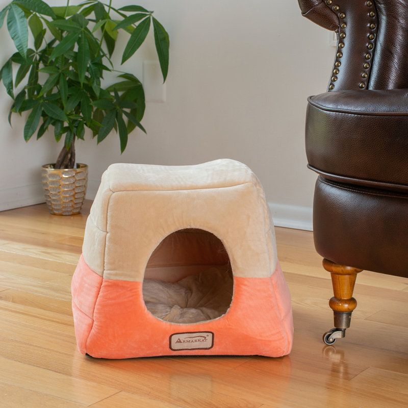 Small Orange and Beige Velvet Cat Bed with Fiberfill