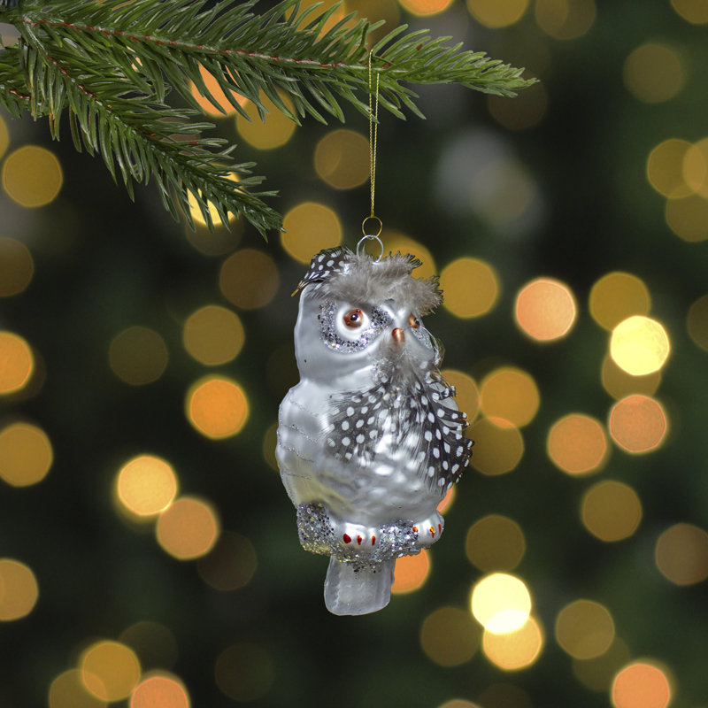 Ornement de Noël en forme de chouette des neiges 5 po argent et brun