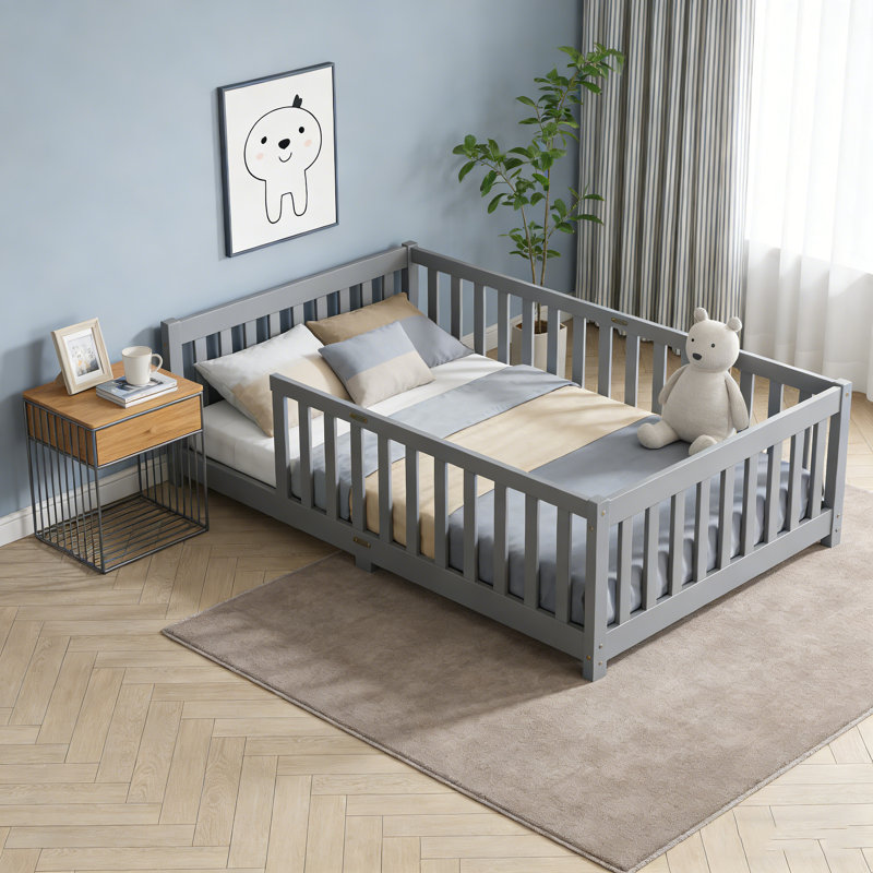 Twin Size Rubber Wood Floor Bed With Fence, No Door, Safety Guardrails, Grey