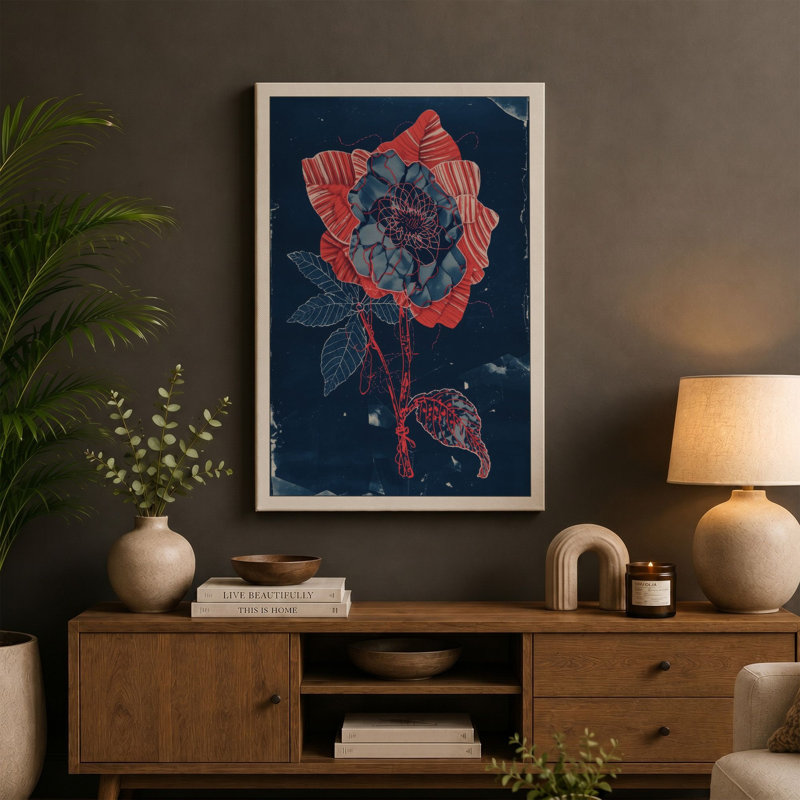 Linocut Bloom Botanical - Wrapped Canvas, 18x12 - 45.7 x 30.5 cm, Ochre Border