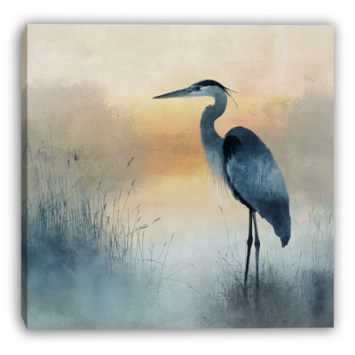 Golden Stillness Heron Wrapped Canvas Wall Art
