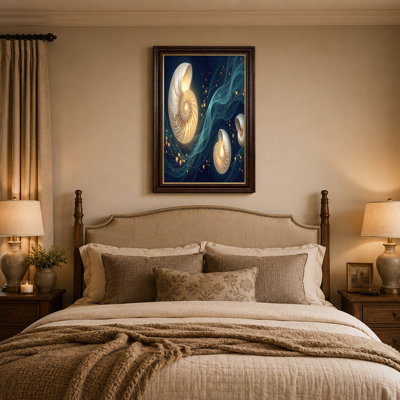 Glowing Nautilus Shells with Golden Particles and Teal Swirls Canvas Wall Art
