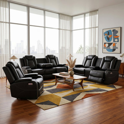 Regent Dark Vegan Leather 3-Pieces Reclining Sectioanal Living Room Sofa Set With Cup-Holders ,Wireless Charging And LED Lights