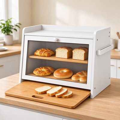 Bread Box with Cutting Board for Kitchen Countertop, Bamboo Bread Storage with Acrylic Front Panel, Knife Rack and Slide-Out Cutting Board, Large Capacity Double Layer Bread Keeper