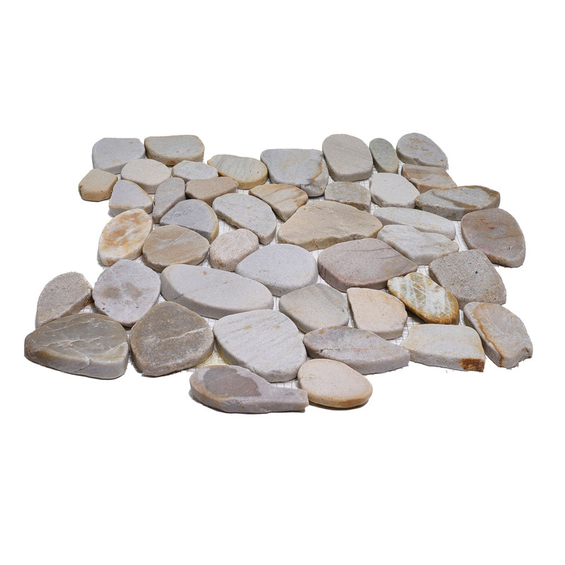 Warm Sandy Natural Stone Flat Pebble Mosaic in Gray Silver Floor & Wall Tile