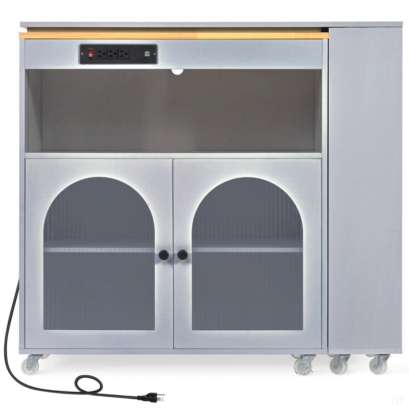 Îlot de cuisine roulant avec table allongée, îlot de cuisine sur roulettes avec lumières DEL, prises de courant et 2 portes en verre cannelé, îlot de cuisine avec compartiment de rangement et 3 tablettes ouvertes latérales