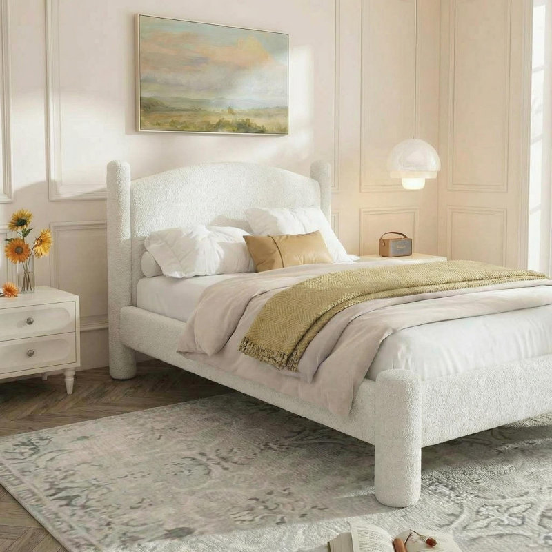 Lit plateforme tapissier blanc avec lit plateforme simple avec tête de lit ronde et pieds cylindriques robustes et silencieux, sans sommier tapissier