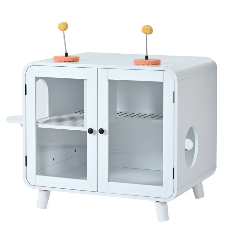 Enceinte cachée pour litière avec lumière DEL, portes en verre et jouets interactifs Zovian Cat, Blanc