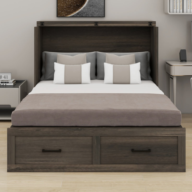 Lit escamotable avec lit plateforme escamotable et grand tiroir de rangement Murphy, Gris rustique