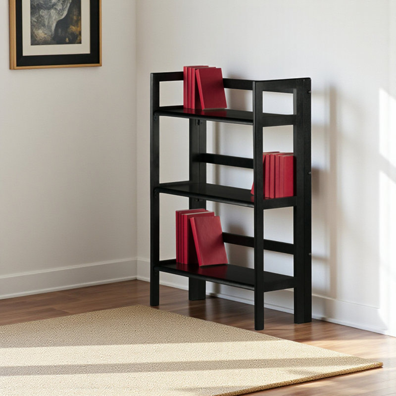 Akridge Etagere Bookcase with Three Tier Shelves in Black Finish, 38.12'' H X 27.52'' W X 11.21'' D, Black