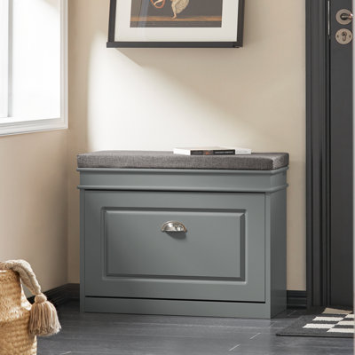 Shoe Bench Wooden Storage Bench with Flip-Drawer – Upholstered Entryway Bench with Storage for Hallway, Bedroom, Gray, 20.47" H x 23.6" W x 9.45" D