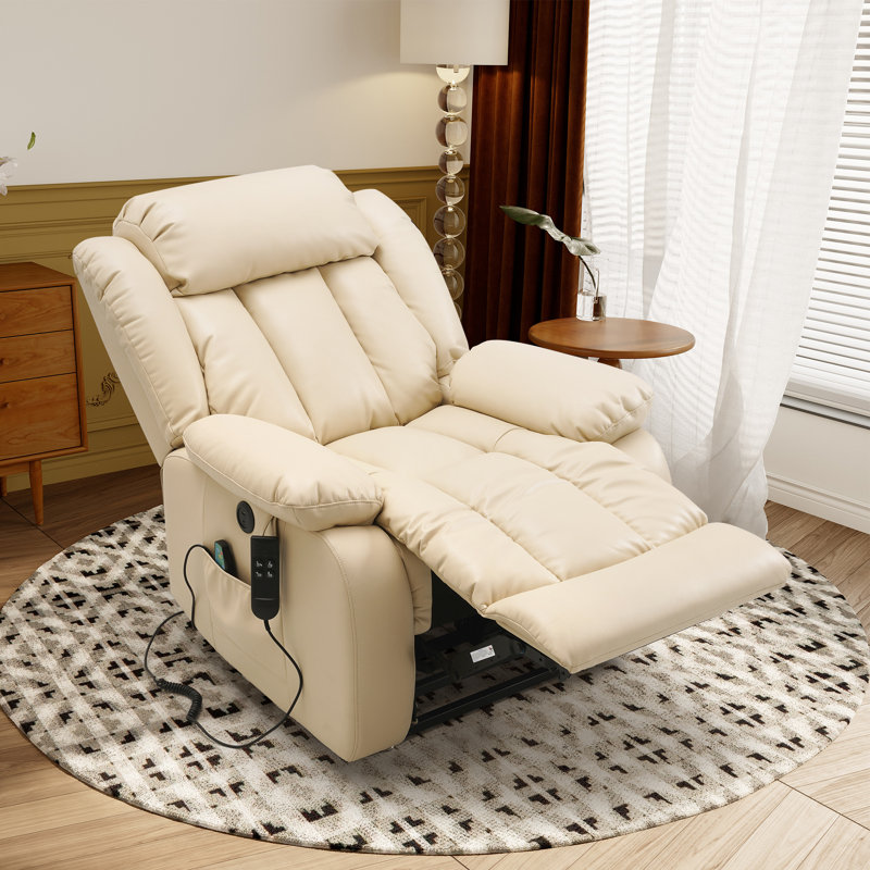 Albrechtice Lay Flat Power Recliner, Dual Motor Leather Lift Chair for Elderly with Massage & Heating, Beige